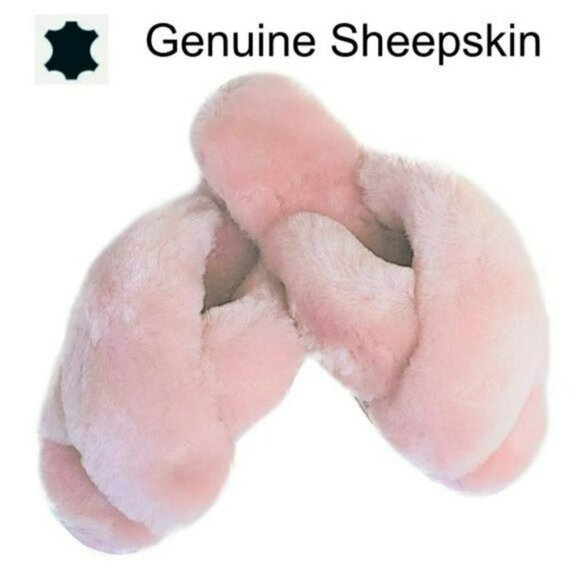 NWT RJS FUZZIES Cozy X Cross Genuine Sheepskin Fur Slippers - Picture 1 of 4